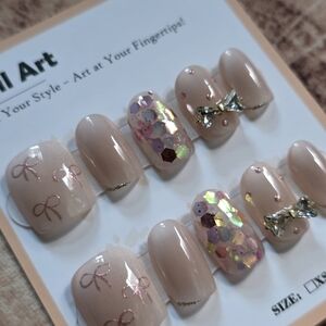 Neutral Pink Press-On Nails with Iridescent Sequins & Bows